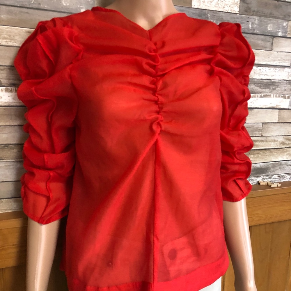 H&M Red Sheer Ruffled Sleeve Blouse